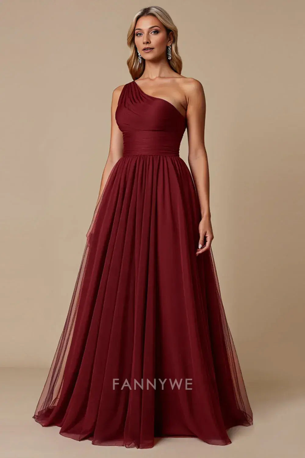 FannyWe Vestidos de Noche Sencillos Línea A Cabernet Un Hombro Tul Vestido Largo de Dama de Honor Venta Caliente